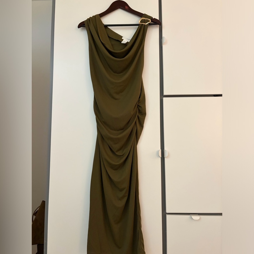 H&M Olive Green Draped One-Shoulder Maxi Dress
